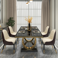 Ensemble de table à manger en marbre noir de luxe Golden Light, plateau en pierre frittée, cadre en acier inoxydable doré, kit de table à dîner pour restaurant