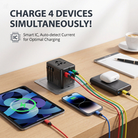 Adaptateur de voyage universel 18W avec 4 ports USB C, chargeur mural international rapide GaN de type C PD pour ordinateur portable, appareil photo, tablette, téléphone portable