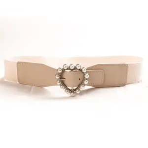 Cinturón elástico de corazón de perla para mujer, cinturón ancho, cintura decorativa, cinturón elástico para mujer