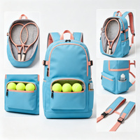 Sac à dos de tennis junior bleu corail, sac de raquette avec poche doublée pour balles, poche latérale, sangle de poitrine pour enfants et débutants