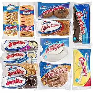 Pack variété d'hôtesse | Petits pains au miel, gâteau au café, Donettes, gâteaux et danois | 12 paquets