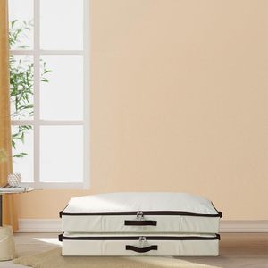 Modern <b>Rectangle</b> Fabric Clothing Organizer with Handles Foldable Stackable Under Bed Storage <b>Bin</b> 35L Capacity White Brown Trim - Product Image 4