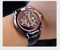Montre squelette automatique à heures sauteuses Calibre 8215 avec modification, logo personnalisé, verre saphir et bracelet en cuir