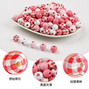 Wood Beads Set Round Pink <b>Red</b> Checkered Heart Pattern For <b>Bracelet</b> Making Valentine's Day Decoration 10M Hemp Rope Included - Product Image 3