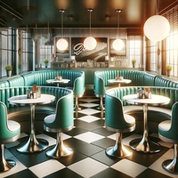 Ensemble de meubles de restaurant américain rétro des années 1950 canapé en demi-cercle table de stand en bois incurvé avec chaises pour restaurant