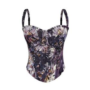 Corset sexy en dentelle pour femme, crop top à épaules dénudées, style bustier vintage à imprimé floral, avec baleines et bordure en dentelle, à nouer, petite série - Product Image 4