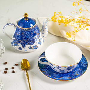 Bone <b>China</b> Tea Set - Navy Blue Gold Emblem Nesting Teapot with <b>Cup</b> <b>and</b> <b>Saucer</b> - Product Image 2