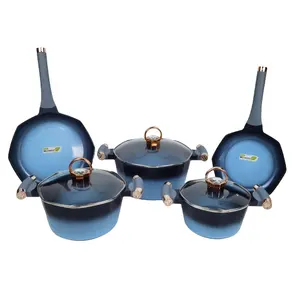 Octagonal Die Cast Aluminum Cooking Pot Pans Set Non-Stick Marble Glass Lid Kitchen Cookware Sets With Silicone Hand
