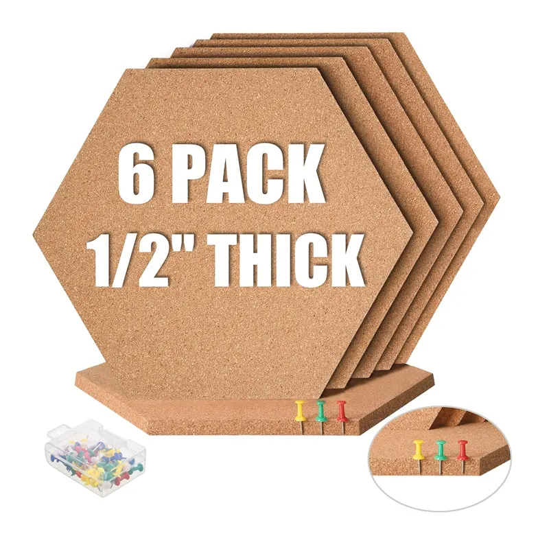 Custom 12 inch Self Adhesive Cork Memo Boards Pin Bulletin Board Cork Hexagon Wall Board Tiles for Office Home Kitchen