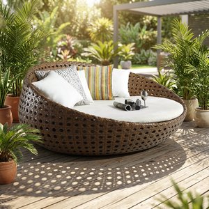 Tumbona redonda de ratán polivinílico de diseño moderno, muebles de exterior y playa, muebles de parque baratos hechos en Vietnam - Product Image 3