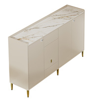 Meuble à chaussures de luxe blanc crème en contreplaqué, 2 portes, plateau en pierre frittée, serrure intelligente à empreinte digitale, tabouret pliant, pieds hauts, entrée
