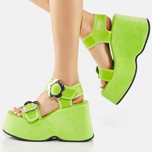Green Flat Sandals for Women High Wedge Heels Ladies Flower Buckles Thick Platform Summer <b>Shoes</b> Beach Causal Pumps - Product Image 3
