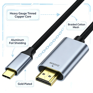 <span class=keywords><strong>สาย</strong></span>เคเบิล USB C แบบร้อน สำหรับเชื่อมต่อ HD มัลติมีเดีย 4K60Hz แกนทองแดงเคลือบทอง หัวต่อชุบทอง ป้องกันสัญญาณรบกวนด้วยอลูมิเนียมฟอยล์ สำหรับจอภาพ - Product Image 1