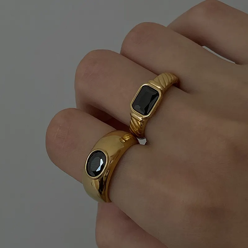 Anel de diamante preto retangular e oval, 2 desenhos, anel de dedo personalizado em aço inoxidável, joias da moda