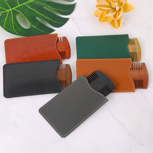 Logo personalizzato in legno da uomo barba baffi pettine Double face denti grossolani fini pettine in legno di sandalo con custodia in pelle - Product Image 3