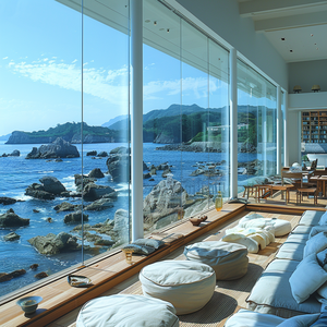 2024 AI Creative Concept Indoor Leisure Home <b>Furniture</b> Zen Style Comfortable Tone 3D Rendering Service with Coastline Scenery - Product Image 4