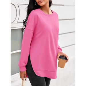 Fisoew Women's Crewneck <b>Sweatshirt</b> <b>Long</b> Sleeve Asymmetric Hem Loose Fit Casual Top Rose Red - Product Image 3