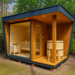 Sauna Moderna da Esterno e Vasca per Immersione a Freddo Combinata, Unità in Legno Naturale a Forma di Cubo con Vasca per Bagno di Ghiaccio Alphas per Giardino, Villa, Casa e Spa - Product Image 2