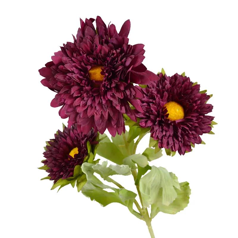 Hot Selling 3 Heads Sun Chrysanthemum Artificial Silk Gerbera Flowers Single Stem Floral Arrangement For DIY Wedding Purple Deco