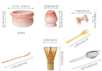 OEM&ODM Ensemble de thé matcha en céramique dégradé rose 8 pièces, bol à matcha avec bec verseur, fouet en bambou, support pour fouet, tamis, complet avec boîte cadeau