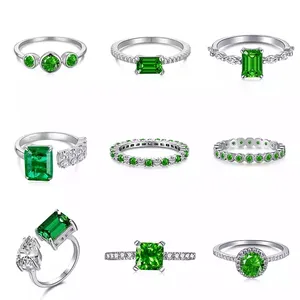 925 Sterling Silver Luxury Green Cubic Zirconia Engagement Rings Emerald Jewelry Gifts Finger Ring for Women