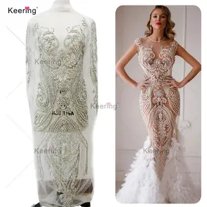 Designer Full Body Embroidiery Ontwerpen Crystal Lijfje Applique Voor Bruiloft Stof Silver Lace Applique WDP-227