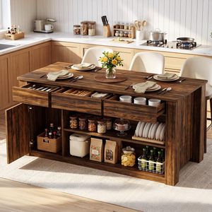 Isla de cocina moderna de madera SENYU con cajones de almacenamiento y estantes para comedor y cocina - Product Image 1