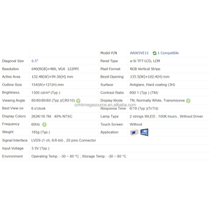 AA065VE11 panneaux d'affichage de qualité industrielle 6.5 pouces 640*480 tout nouvel écran LCD d'origine - Product Image 3