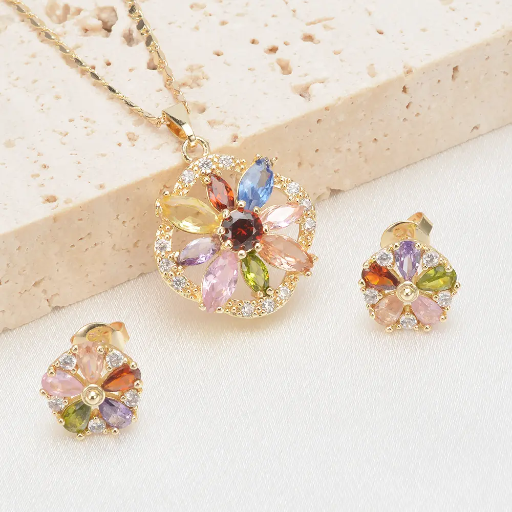 Fashion Jewelry Set Women Minimalist 18K Gold Colorful Heart Flower Necklace And Earrings Set For Gift