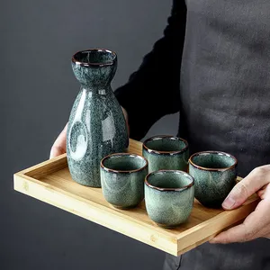 Factory Ceramic Kiln Green Wine Pot with Cup Set Sake Pot with Small Wine Cup Tableware Drinking Liquor Sake Cup Set
