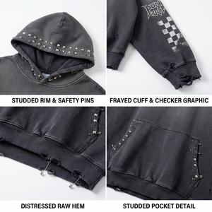 High Quality <b>Men's</b> Boxy fit Streetwear <b>Hoodie</b> hot supplier Vintage Acid Wash <b>Grey</b> Distressed Heavyweight 450 Gsm Cotton hoodies - Product Image 2