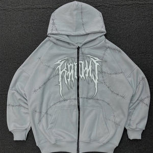 Sweat-shirt unisexe surdimensionné de haute qualité en coton lourd avec lettres en strass personnalisées, fermeture éclair intégrale, streetwear imprimé, taille plus - Product Image 2