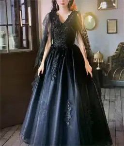 Robe de mariée noire avec élégante applique en dentelle longue traîne pour dame robe de mariée manches longues transparentes