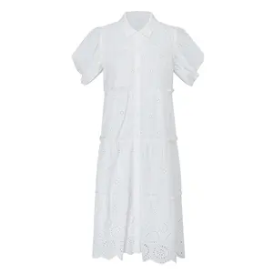Vestido midi feminino bordado em inglês com ilhós de manga curta em camadas, tecido de algodão elegante para mulheres, camisa de renda bordada