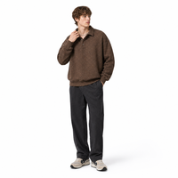 Sweat-shirt polo ample en molleton chiné avec patte de boutonnage à deux boutons, couleur unie, style streetwear, haut à manches longues pour un usage décontracté