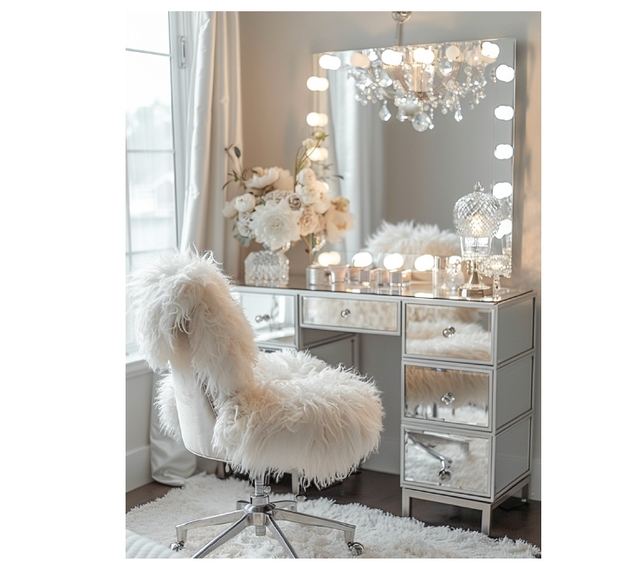 lady's dressing table Corner Vanity Desk with Mirror and Led Lights - Makeup Table with 5 Drawers, Shelves, and Vanity Stool