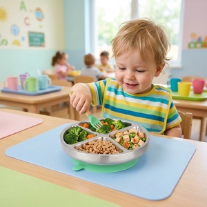 Safety 304 Stainless Steel Baby <strong>Plate</strong> Dish with Strong Suction Base Three Divided Sections Eco-Friendly <strong>Tiffin</strong> Box - Product Image 6
