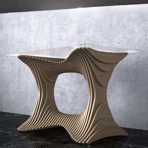 โต๊ะอาหารไม้เนื้อแข็งสั่งทำพิเศษ โต๊ะ<span class=keywords><strong>กาแฟ</strong></span> ท็อปกระจกใส ดีไซน์โค้งเว้า ลายไม้ระแนง สำหรับโรงแรมและบ้าน - Product Image 4