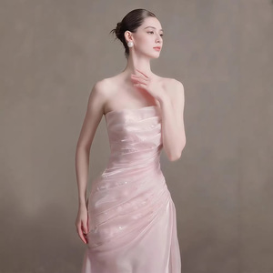 Pink Strapless Wedding Dress Natural Waistline Simple Solid Color Bridal Gown For Coming Of Age Ceremony - Product Image 5