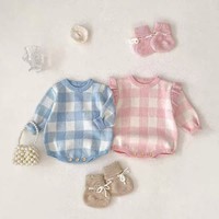 Gebreide 100% katoenen NB gingham geruite romper baby trui jumpsuit baby jongen meisje trui lange mouw zacht comfortabel ODM