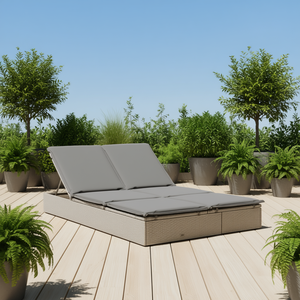 Chaise longue en polyrotin gris avec coussins, confortable, pour patio extérieur, inclinable manuellement, design moderne - Product Image 2