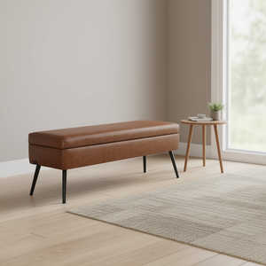 Banc de rangement en cuir PU marron avec pieds en métal, style mid-century modern, pour entrée, siège à chaussures, mobilier de maison - Product Image 2