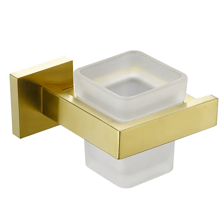 Vaso de oro pulido montado en la pared, soporte cuadrado para vaso de cepillo de dientes de baño