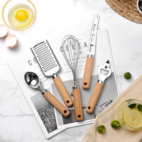 Ensemble d'ustensiles de cuisine avec manche en bois, fouet en acier inoxydable, outils de pâtisserie, couteau à pizza et à fromage, ensemble de 10 ustensiles