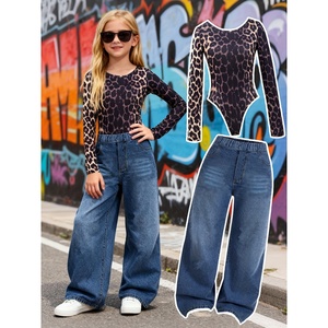 Set Y2K per Ragazze: Top con Fibbia Stampa Leopardata Marrone e <span class=keywords><strong>Pantaloni</strong></span> Larghi in Denim, Spandex/Poliestere - Product Image 1