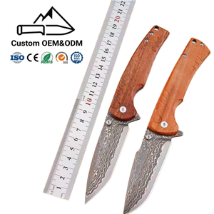 Cuchillo táctico plegable de acero de Damasco con mango de madera para acampar - Product Image 1