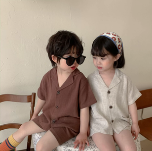 Ensemble de vêtements d'été pour enfants, garçons, chemises en <span class=keywords><strong>lin</strong></span> <span class=keywords><strong>beige</strong></span> marron uni, shorts, garçons, filles, décontracté, enfants, ensembles 2 pièces - Product Image 3