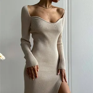 Свитер средней длины с V-образным вырезом и длинными рукавами, плотное сексуальное платье с узкой нитью и плотной основой, сексуальное платье