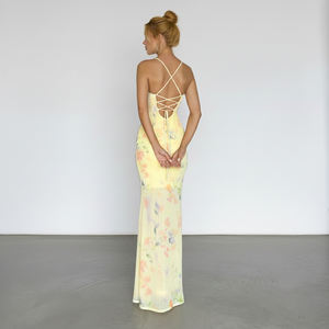 Vestido Maxi Estilo Campestre Francés con Estampado Floral Amarillo, Cuello en V, Cintura con Corsé Falso, Corte Ajustado, Espalda Cruzada y Cola de Pez para Vacaciones en Resort - Product Image 6