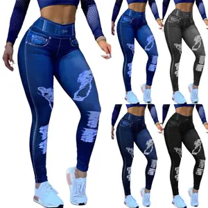 New Fashion Women Causal High Waist Faux Jeans Seamless Butt Lifting Long Pants Solid Color Skinny Elastic Pencil Yoga Pants